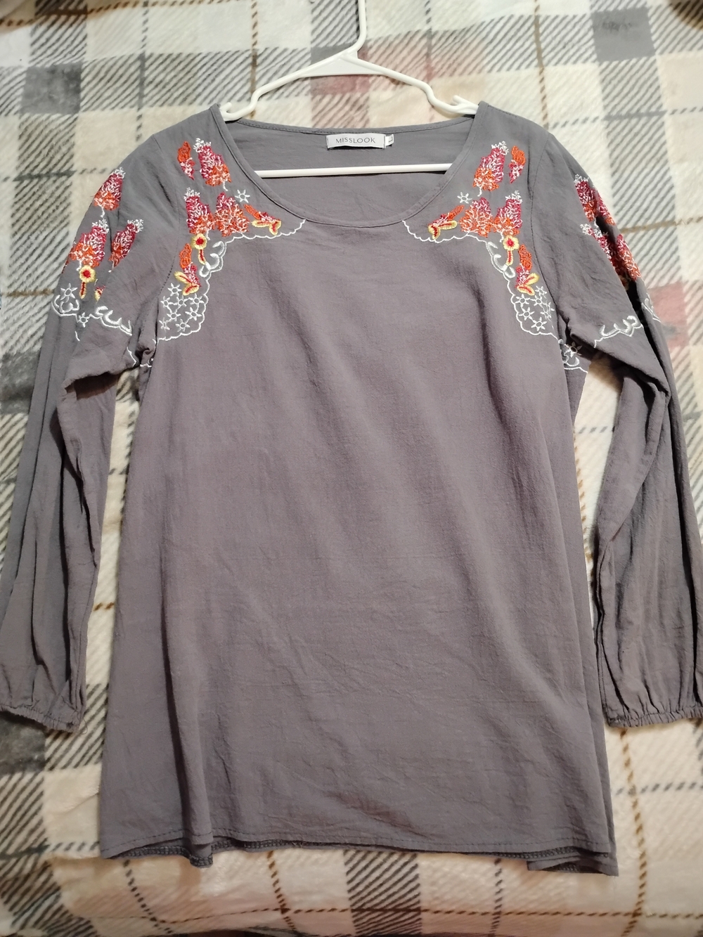 MISSLOOK Gray Long Sleeve Tunic with Orange and Pink Floral Embroidery Large